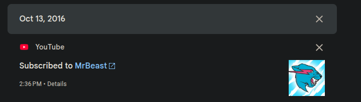 I don't even have access to the first account I subscribed to <a href="/MrBeast/">MrBeast</a> with but I do have this one 😅

3,289 days, longer than Bruno Sammartino's title reign (have to make this wrestling-related somehow) 💪