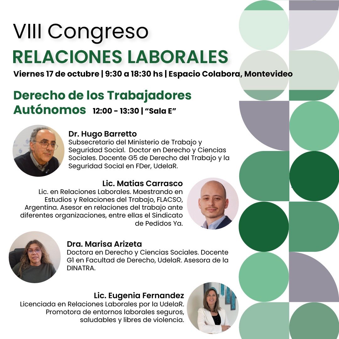 CedOficina's tweet image. Derechos de los Trabajadores Autónomos

| Dr. Hugo Barretto
| Dra. Marisa Arizeta
| Lic. Matías Carrasco
| Lic. Eugenia Fernández 

Este panel abordará los desafíos legislativos dentro de los derechos de los trabajadores autónomos.