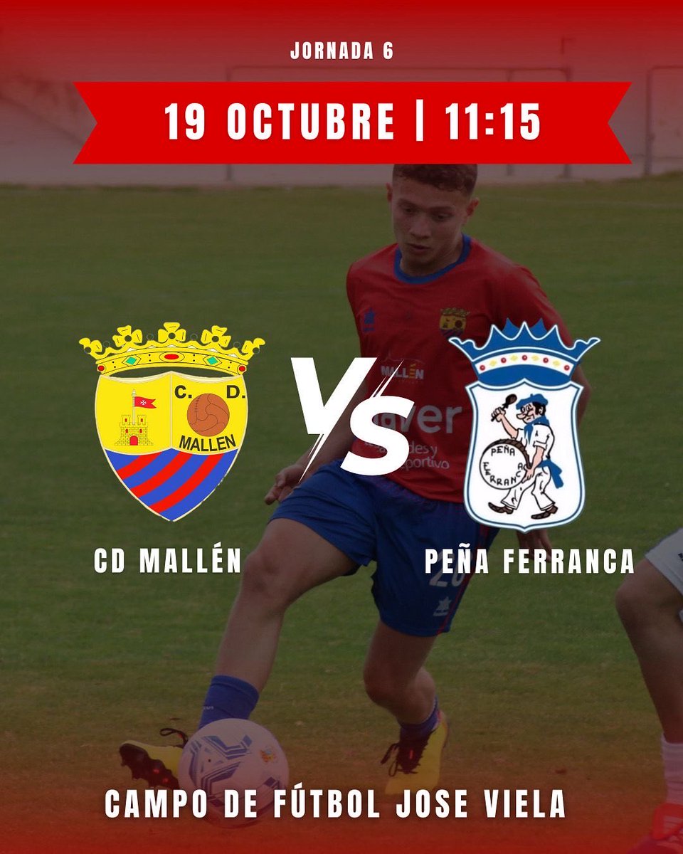 JORNADA 6

⚽️ CD Mallén 🆚 Peña Ferranca
🕢 11:15 h
📍Campo de fútbol José Viela
¡Nos vemos el domingo en casa!❤️💙

ℹ️ Recordamos que para los partidos en casa:
🎟️ Acceso con bono obligatorio
💶 Entrada general: 6€
👥 De 18 a 25 años: 3€

#AupaMallén
