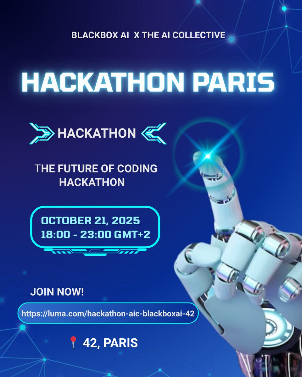 womaneng's tweet image. Future of Coding Hackathon 💫
💰 Every participant receives $300 in Blackbox AI credits to supercharge their projects.
📅 October 21 | 6:00PM – 10:30PM
📍 42, Paris
🎟️ Apply here: luma.com/hackathon-aic-…
#BlackboxAI #Hackathon #FutureOfCoding @AiBlckbx