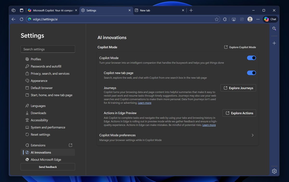 WindowsLatest's tweet image. Microsoft Edge for Windows 11 is testing "Actions in Edge," which could be the company's take on Perplexity Comet.
This now toggle automatically shows up in Edge Canary.
Ask Copilot to complete tasks and navigate the web by using your tabs and browsing history in Edge. Actions…