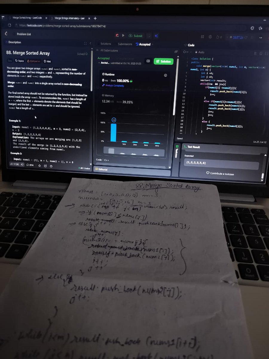 AnchalGupta009's tweet image. Day 24: Merge Sorted Array 💻
Approach: Two pointers from start, compare → push smaller → move ahead 🚀
Mastering the basics sharpens your logic for bigger problems 🔥
#LeetCode #CPP #ProblemSolving #Developer