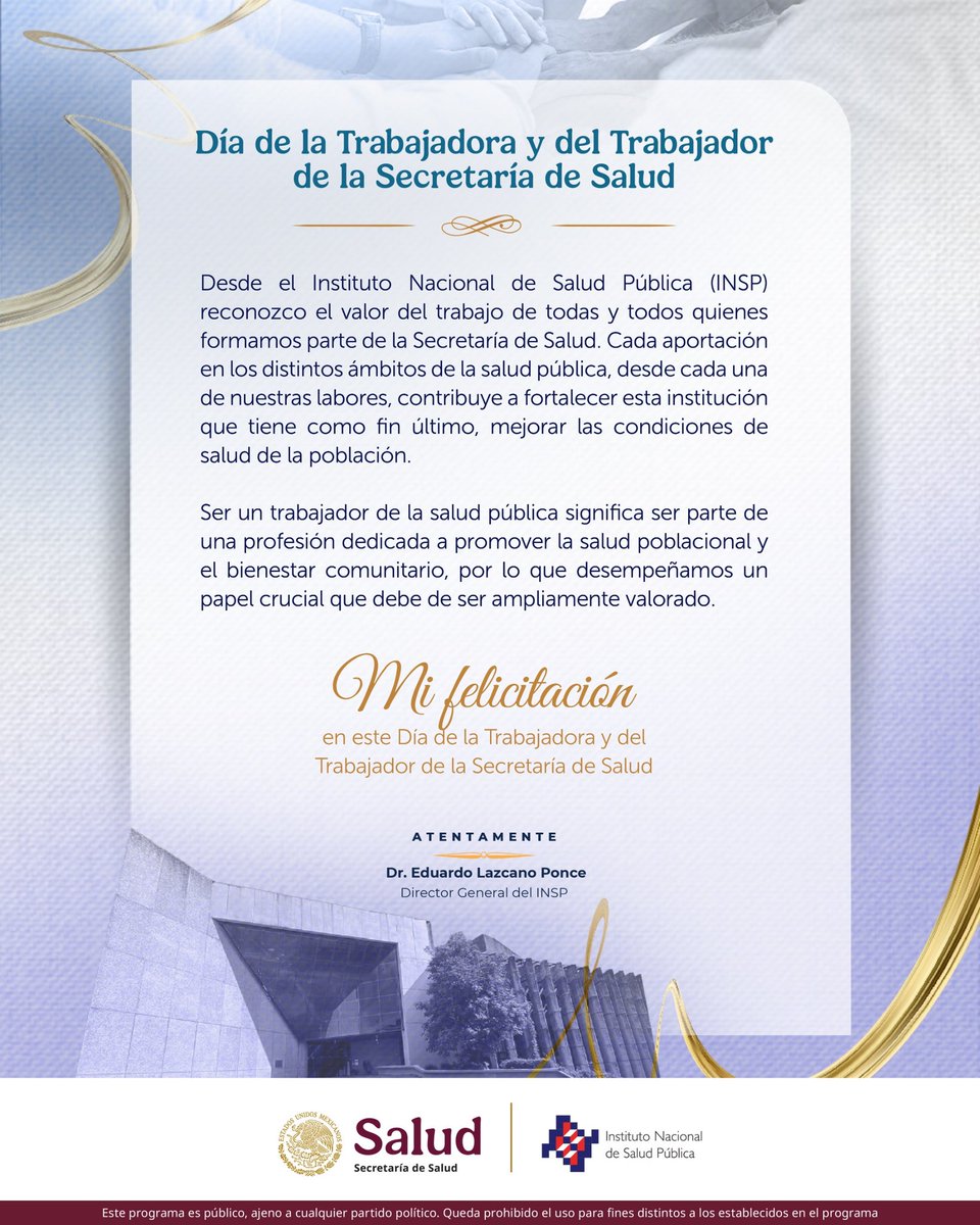 Ser trabajador de la salud pública significa ser parte de una profesión dedicada a promover la salud poblacional y el bienestar comunitario.

Una calurosa felicitación en este Día de la Trabajadora y del Trabajador de la Secretaría de Salud