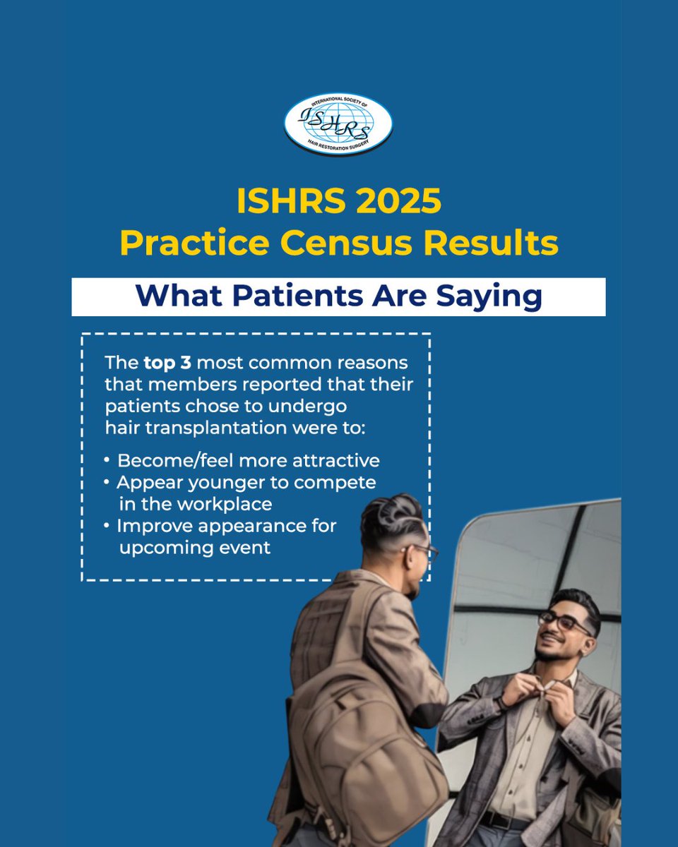 📊 ISHRS 2025 Practice Census shows top motivations for patients undergoing hair transplantation center on self-image &amp; confidence - patients are seeking to align how they look with how they want to feel.

🔗 Explore the complete insights: ishrs.org/2025-practice-…