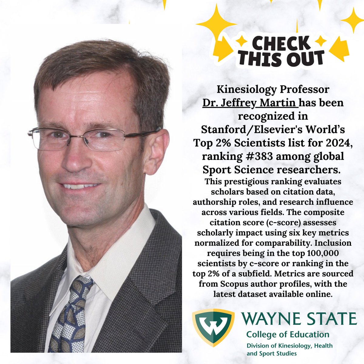 Kinesiology Professor Dr. Jeffrey Martin has been recognized in Stanford/Elsevier's World’s Top 2% Scientists list for 2024, ranking #383 among global Sport Science researchers.