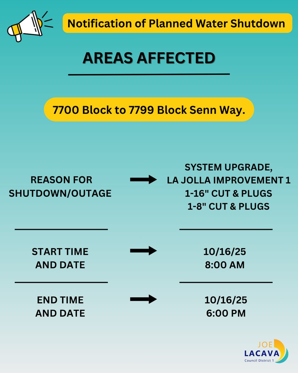 Planned water shutdown in La Jolla affecting Senn Way.
City staff will shut down water beginning 10/16/2025 at 8:00 am and concluding at 6:00 pm the same day for system upgrades.
We ask that residents please plan accordingly and appreciate your patience. #GetItDoneInD1.