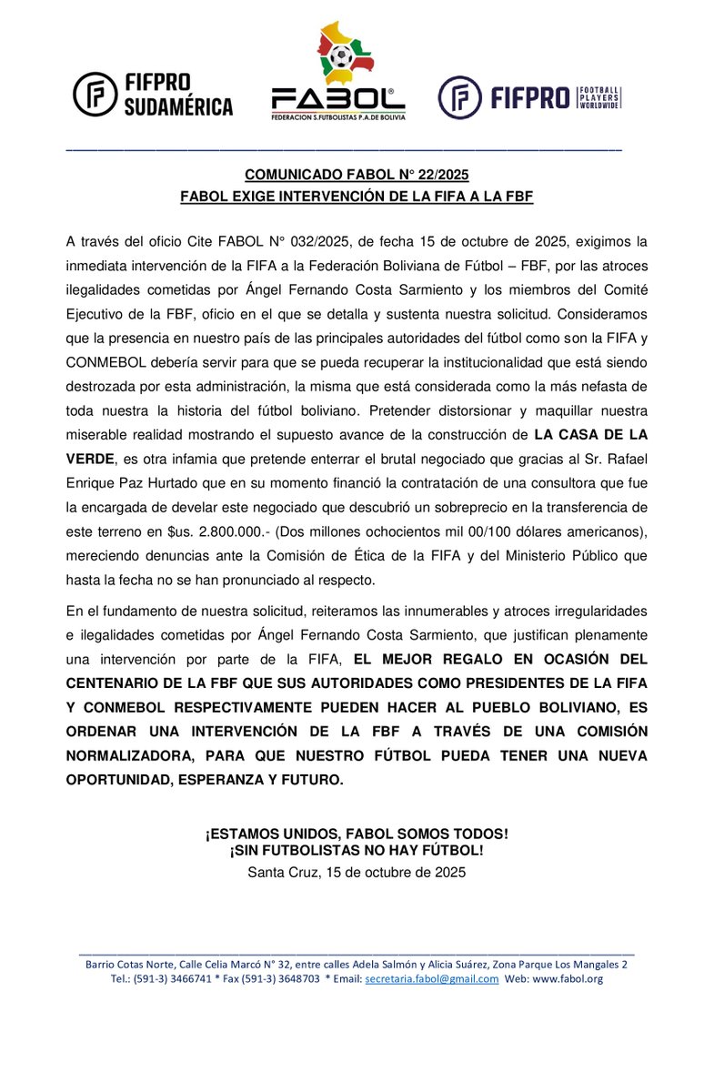 Comunicado de <a href="/fabol_Bolivia/">Federación S. de Futbolistas P. de Bolivia</a> exigiendo a la <a href="/fifacom_es/">FIFA (Español)</a> la intervención de la <a href="/FBF_BO/">Federación Boliviana de Fútbol</a> 
#sinfutbolistasnohayfutbol
#FBF 
#FIFA
#futbolboliviano
#fifprosudmerica
#fifpro