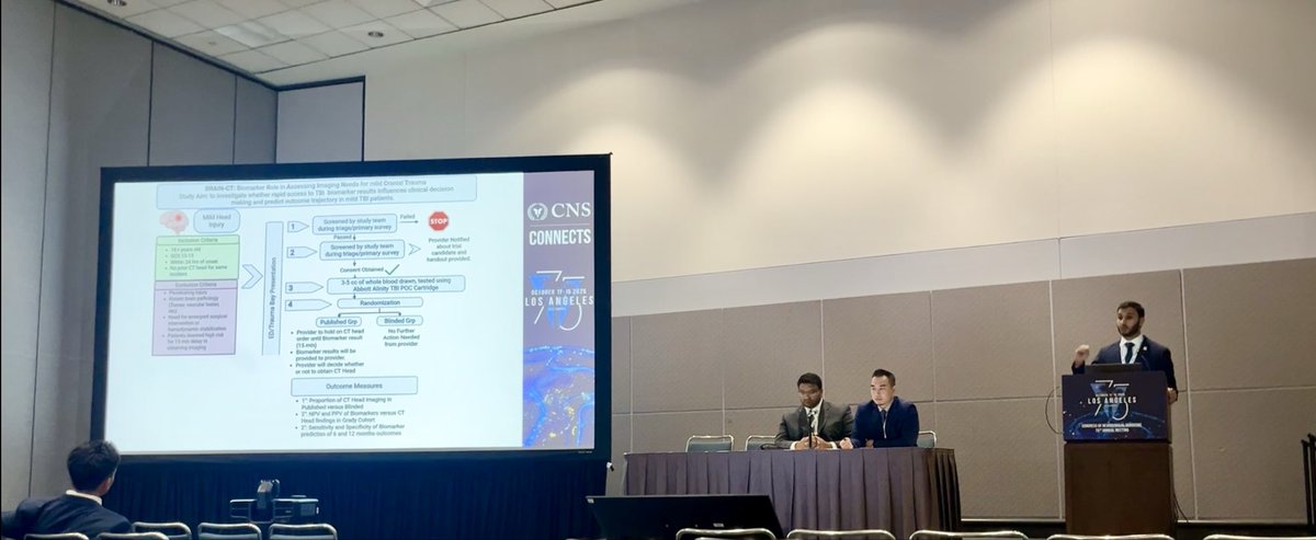 Presenting the protocol for the #BrainCT Clinical Trial at the Trauma and Critical Care session- one the first RCTs to study the impact of mTBI biomarker access on Head CT utility using iSTAT TBI Whole Blood test #2025CNS <a href="/CNS_Update/">CNS</a> <a href="/AbbottNews/">Abbott</a> <a href="/AliAlawiehmdphd/">Ali M Alawieh</a> <a href="/EmoryNeurosurg/">Emory Neurosurgery</a>