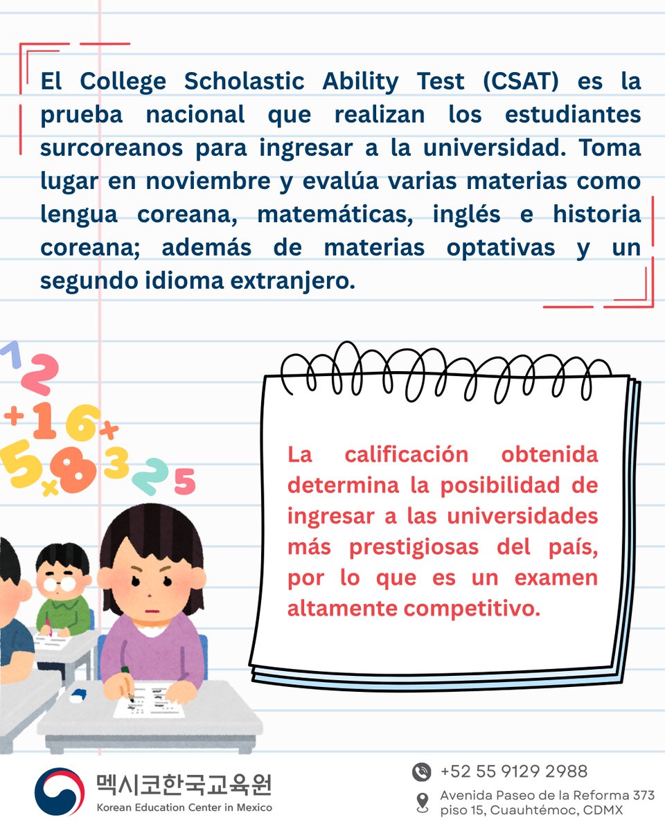 kec_mexico's tweet photo. ¿Sabías que en Corea existe un día en el que todo el país se detiene por un examen? 📚🇰🇷
Se trata del CSAT (수능), la prueba nacional que determina el ingreso a la universidad.✏️
#KECMX #StudyInKorea #CSAT #수능 #EducaciónEnCorea #VidaEstudiantilCorea https://t.co/ChiFDmFWjH