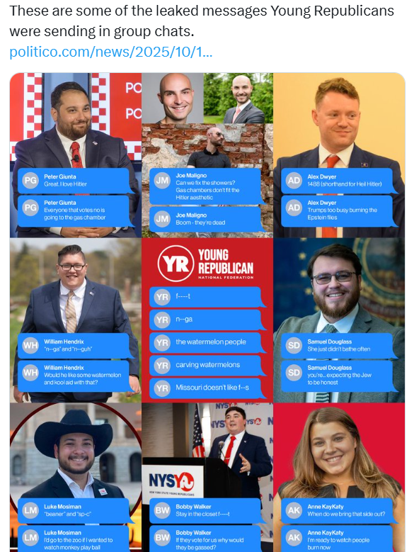 RDRDardy's tweet image. Young Republicans in question are all adults, not in college, working in gov't, and complete pieces of shit.