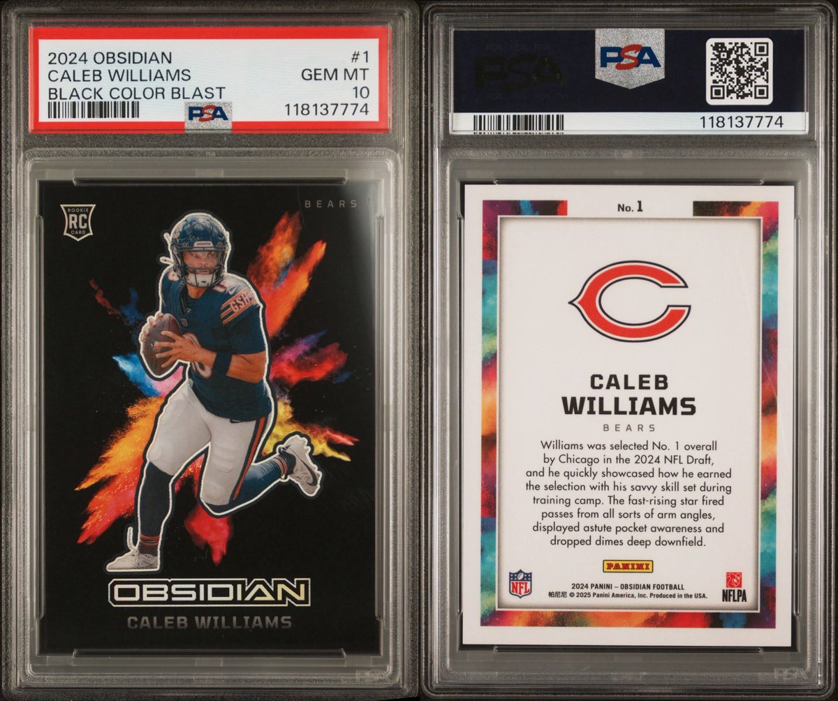 312SportsCards1's tweet image. 🐻⬇️ 2024 Obsidian Caleb Williams Black Color Blast PSA 10 😮‍💨

This card is pure art 🔥 rookie QB1 in the blacked-out Chicago heat. Color explosion. Gem Mint perfection.

#DaBears #WindyCityHits #CalebWilliams #PSA10 #ObsidianFootball