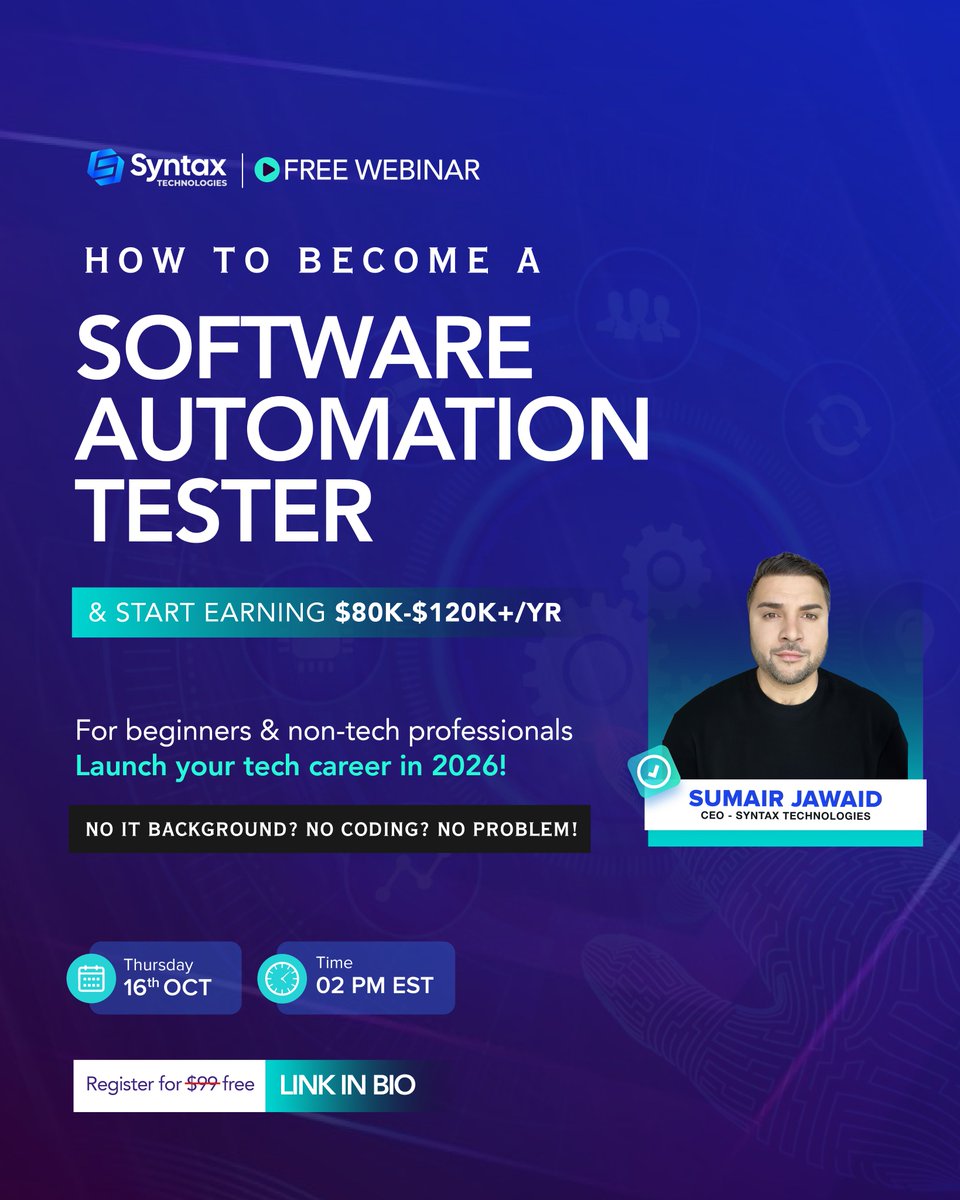 SyntaxTechs's tweet image. 🔴 𝐅𝐑𝐄𝐄 𝐑𝐞𝐠𝐢𝐬𝐭𝐫𝐚𝐭𝐢𝐨𝐧 𝐋𝐢𝐧𝐤: bit.ly/4oGoZaz
#webinar #webinar2025 #webinars #masterclass #softwaretestingwebinar #sdetwebinar #automationtestingwebinar #career #testing #softwaretesting #qa #testautomation #sdet #tester #softwaredeveloper