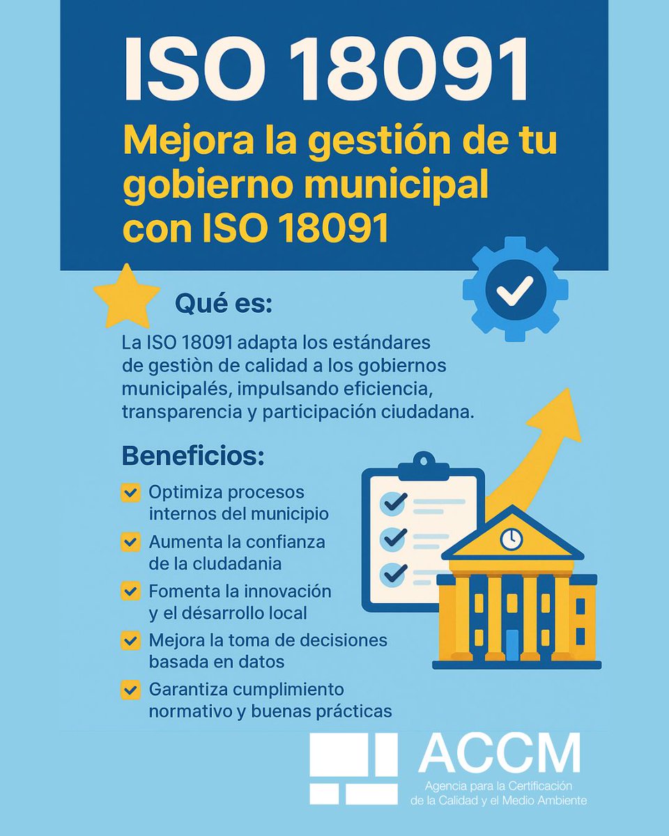 "ISO 18091 GESTIÓN DE LA CALIDAD EN GOBIERNOS LOCALES"
✅Mejora la gestión de tu municipio

¿Sabías que la #ISO18091 ayuda a los gobiernos locales a brindar mejores servicios y fortalecer la confianza ciudadana?

CONTACTANOS:accmgroup.com/gestion-de-la-…