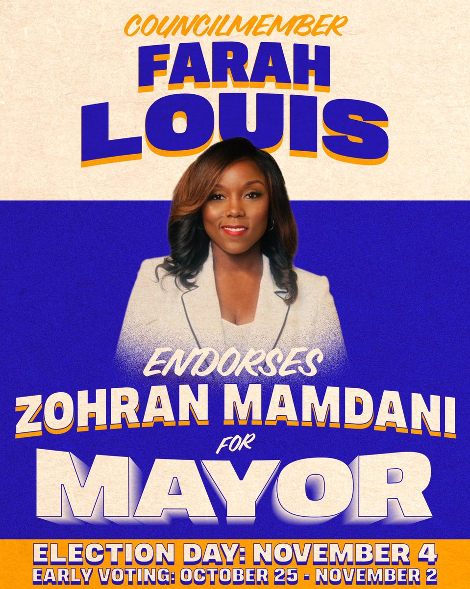 ZohranKMamdani's tweet photo. I'm grateful to announce the endorsement of Brooklyn Councilmember @FarahNLouis. 

“Zohran and I share a fundamental belief that true affordability means addressing housing, economic development, and opportunity together. You cannot have one without the others." https://t.co/IWtxAnJZfV
