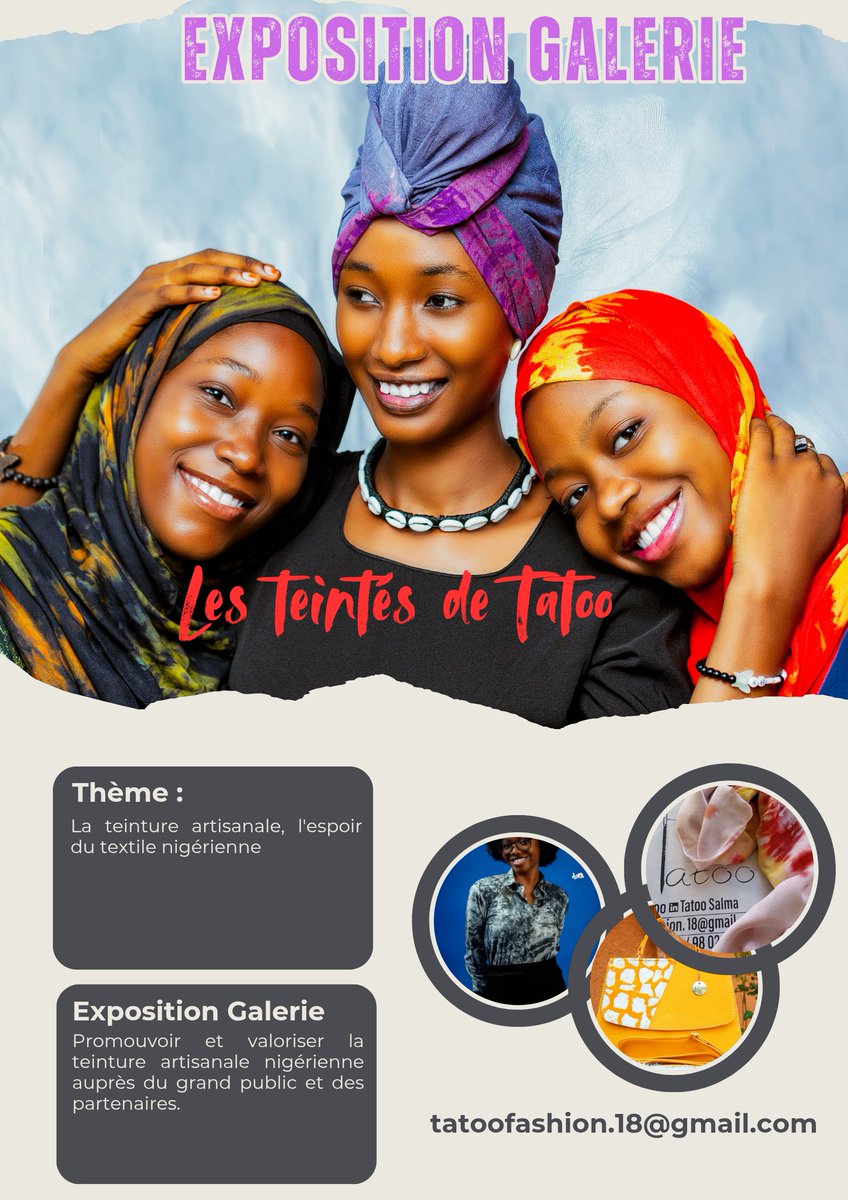 Cette première édition permettra de mettre en lumière les créations faites à partir de la teinture artisanale nigérienne et aussi promouvoir le savoir faire de Tatoo.

Avec comme thème : LA TEINTURE ARTISANALE, L'ESPOIR DU TEXTILE NIGÉRIEN .
Date sera fixée dans peu incha Allah.