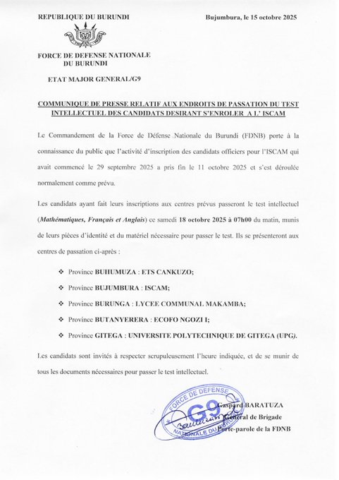 Ikiriho's tweet image. 🇧🇮#Burundi #FDNB🪖| &quot;Les candidats officiers ayant fait leurs inscriptions pour passer le test d&apos;entrée à l&apos;#ISCAM (Institut Supérieur des Cadres Militaires) passeront le test intellectuel ce 18 octobre à 7h00 du matin aux centres prévus dans toutes les provinces du Burundi&quot;,…