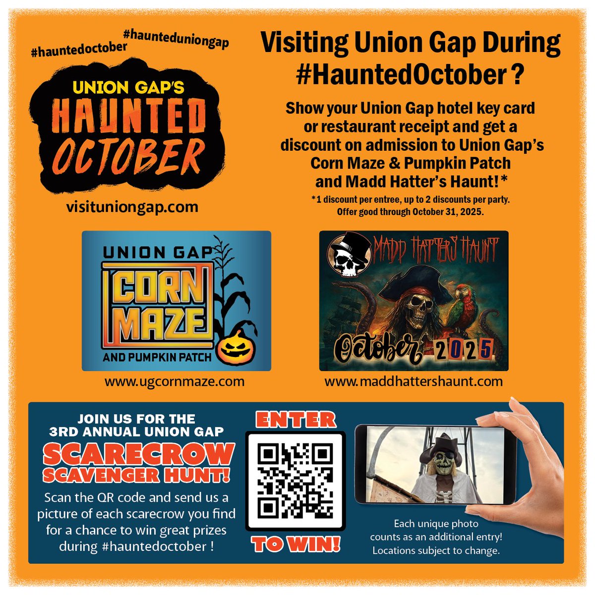 To do it all ... stay a night or two. When you stay at a Union Gap hotel, not only do you get a great value, you get $2 off your ticket at the Union Gap Corn Maze or the Madd Hatter's Haunt! #SmallTownTourismChat