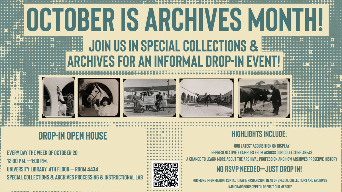 cpplibrary's tweet image. Discover the treasures of history at our Archives Month Drop-In Open House! Visit Special Collections & Archives, Oct 20–24, 12–1 p.m. (Univ. Library, Rm 4434). Explore rare materials, new acquisitions & how archives bring the past to life, no RSVP needed!