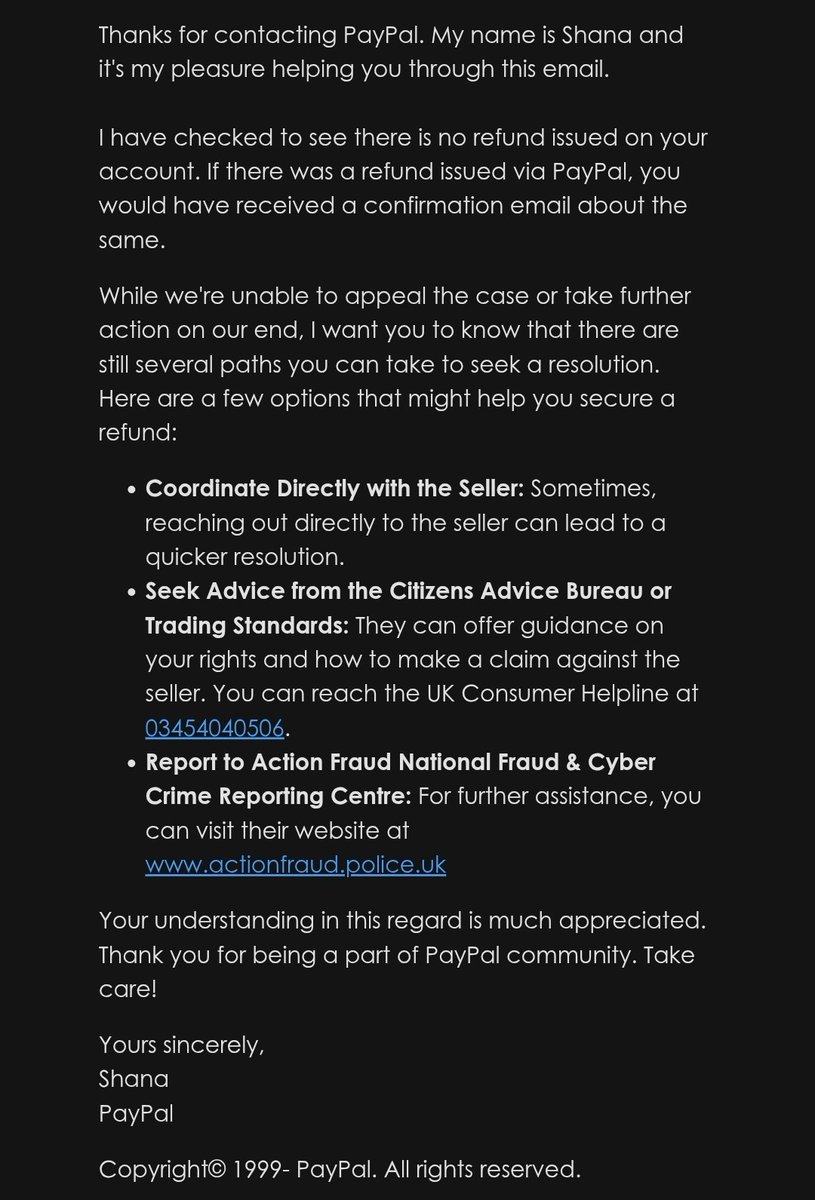 LadyBoss15_'s tweet photo. So I have just been cheated by @ZARA who refused to refund me my money. @PayPalUK say they haven't received the refund. Who should I contact? @actionfrauduk ? 

#ZARA #fraud #paypal https://t.co/QvXplRP8fO