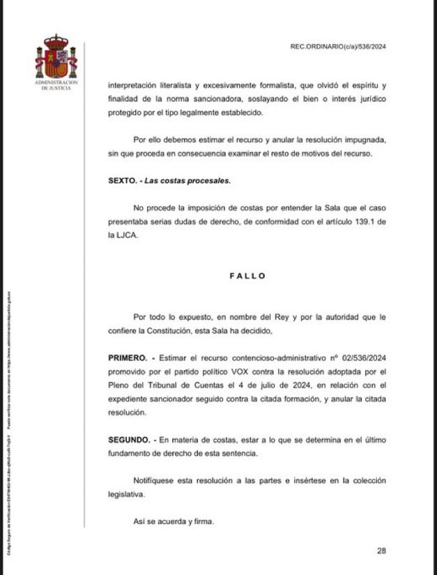 SrLiberal's tweet photo. VOX está limpio. Estuvieron durante meses dando la turra con que VOX se financiaba ilegalmente. 

Hoy conocemos que el Tribunal Supremo ha estimado en sentencia firme (no recurrible) el recurso contencioso-administrativo de VOX y anula la primera de las sanciones administrativas impuestas por el Tribunal de Cuentas (ente político arbitrario controlado por el Bipartidismo).