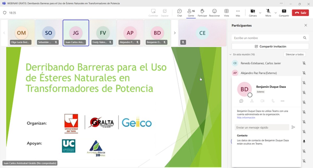 retrotrafo's tweet photo. Organized by @UnivalleCol and @Geiico_Colombi_, with collaboration of @unican, the webinar “Breaking Barriers to the Use of Natural Esters in Power Transformers” drew strong attendance from Colombia’s power sector. Outreach to society: #RETROTRAFO partners @UnivalleCol &amp; @unican. https://t.co/1qnl4xdok1