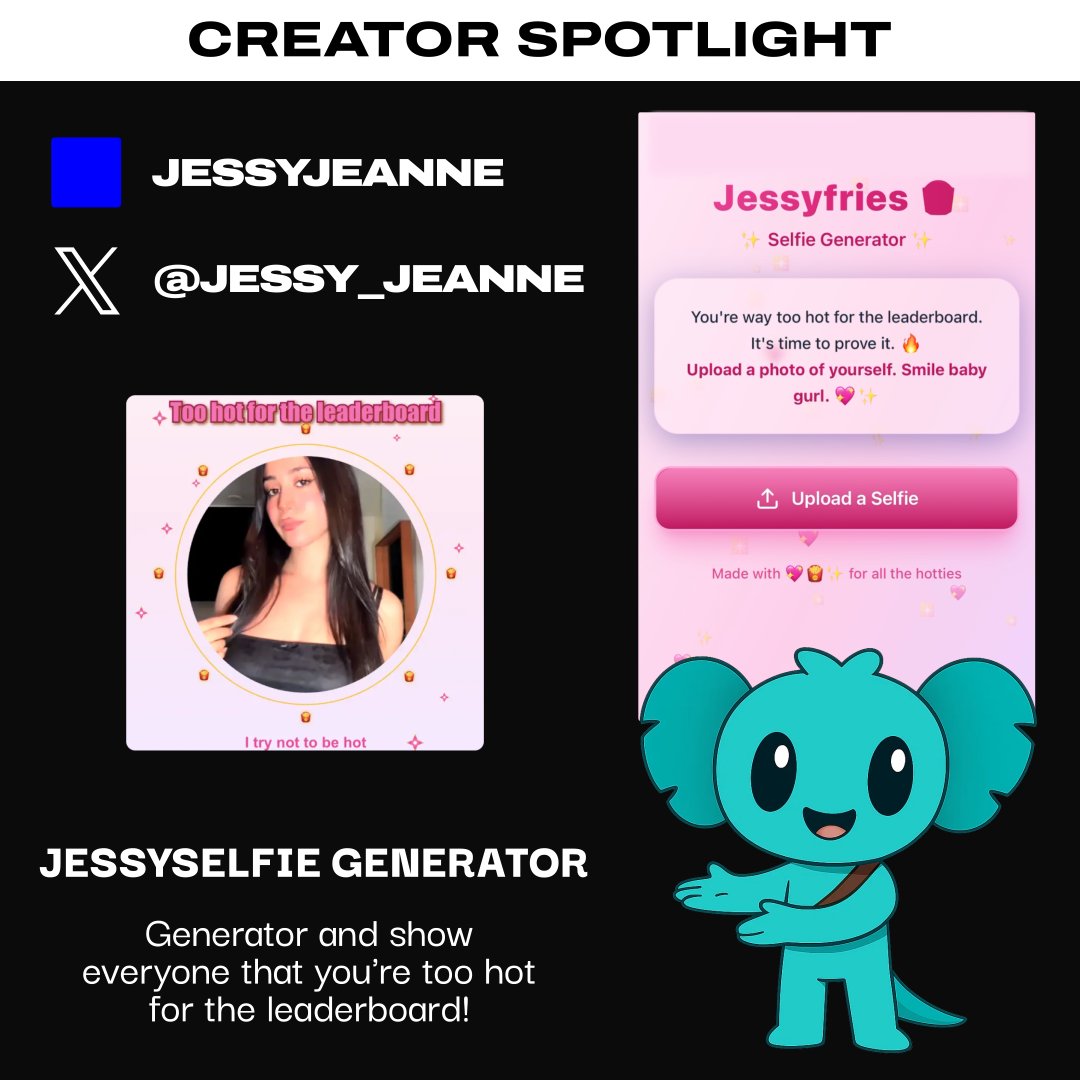 tryoharaAI's tweet image. Creator Spotlight!
@Jessy_Jeanne is the mind behind "Too Hot for the Leaderboard" Selfie generator.
Check it out on @baseapp
or at the link below!