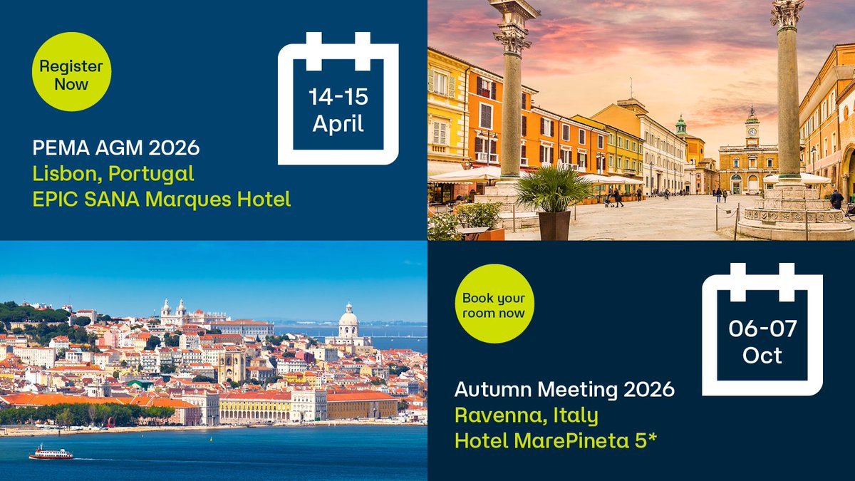 PEMASecretary's tweet image. 🗣️ 𝗣𝗘𝗠𝗔 𝗡𝗲𝘄𝘀 𝗔𝗻𝗻𝗼𝘂𝗻𝗰𝗲𝗺𝗲𝗻𝘁 
We are proud to announce our events will go to Lisbon and Ravenna in 2026 🌍 ✈️

📌 Be early &amp;amp; register today → lnkd.in/eRtEFwBu

#PEMA #PEMA2026 #PortEquipment