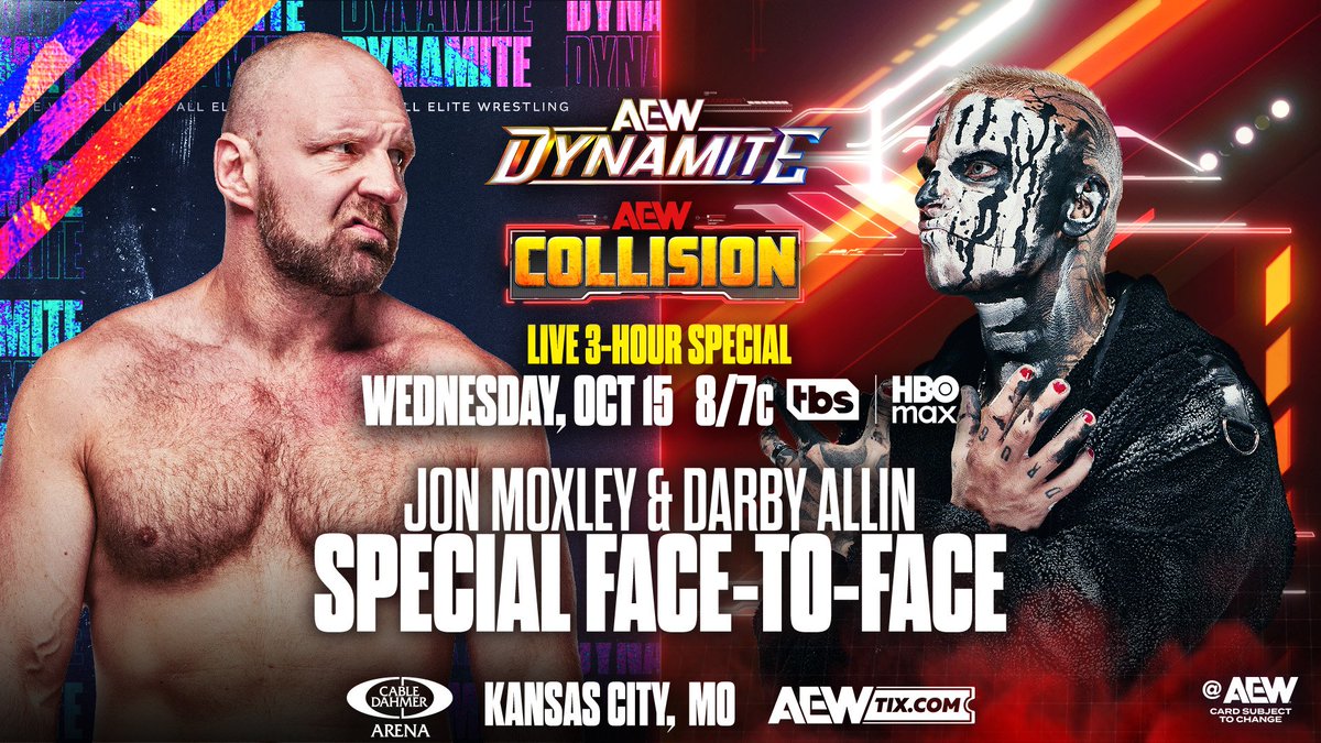 Tonight's #AEWDynamite and #AEWCollision Darby Allin and myself will have a special Face to Face before this Sunday #AEWWrestleDream in I Quit match. Tonight from Kansas City Missouri