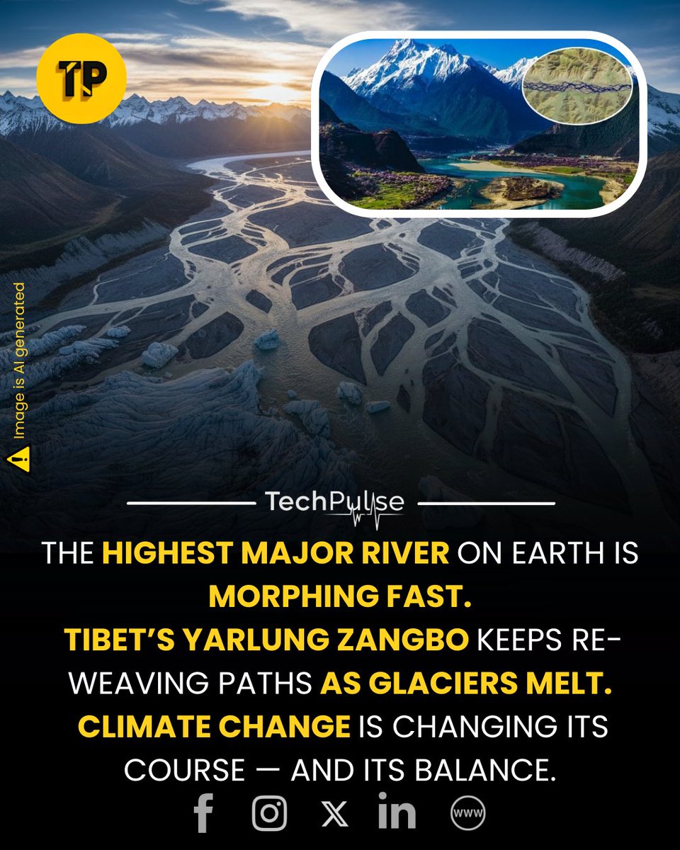 techpulse108's tweet image. The Yarlung Zangbo River — flowing ~2,000 km through Tibet and known as the world’s highest major river (~4,000 m elevation) — is becoming dramatically more unstable, thanks to climate change.

#YarlungZangbo #RiverShift #HimalayanWaters #ClimateMorphing #GlacialMelt