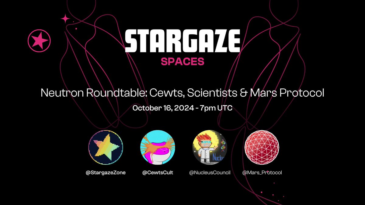 StargazeZone's tweet image. Join us tomorrow at 7 PM UTC / 3 EST for a conversation with projects building on @neutron_org
Special guests: @CewtsCult @NucleusCouncil & @mars_protocol
Set notifications here⬇️
x.com/i/spaces/1gqGv…