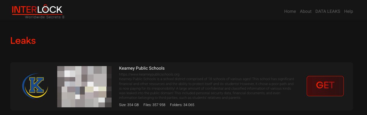 _venarix_'s tweet image. #Interlock #ransomware group claims responsibility for the #cyberattack carried out against Kearney Public Schools (@KearneySchools), a public school district in Kearney, Nebraska, USA 🇺🇸 where more than 6,100 students attend.

Stay informed, monitor cyber threats, and sign up…