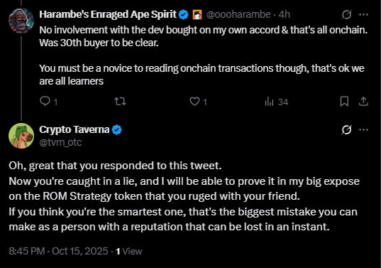 tvrn_otc's tweet photo. How @playgigaverse CM to Rug ROM Strategy

I have solid proof that Community Manager of Gigaverse @oooharambe was in on the @strategyrom rug pull today. Now I'm exposing everything about this project

He said I don't get onchain analytics and that I'm dumber. Okay. Let's settle this.

the @0xDith should pay attention

Proof in the thread below.