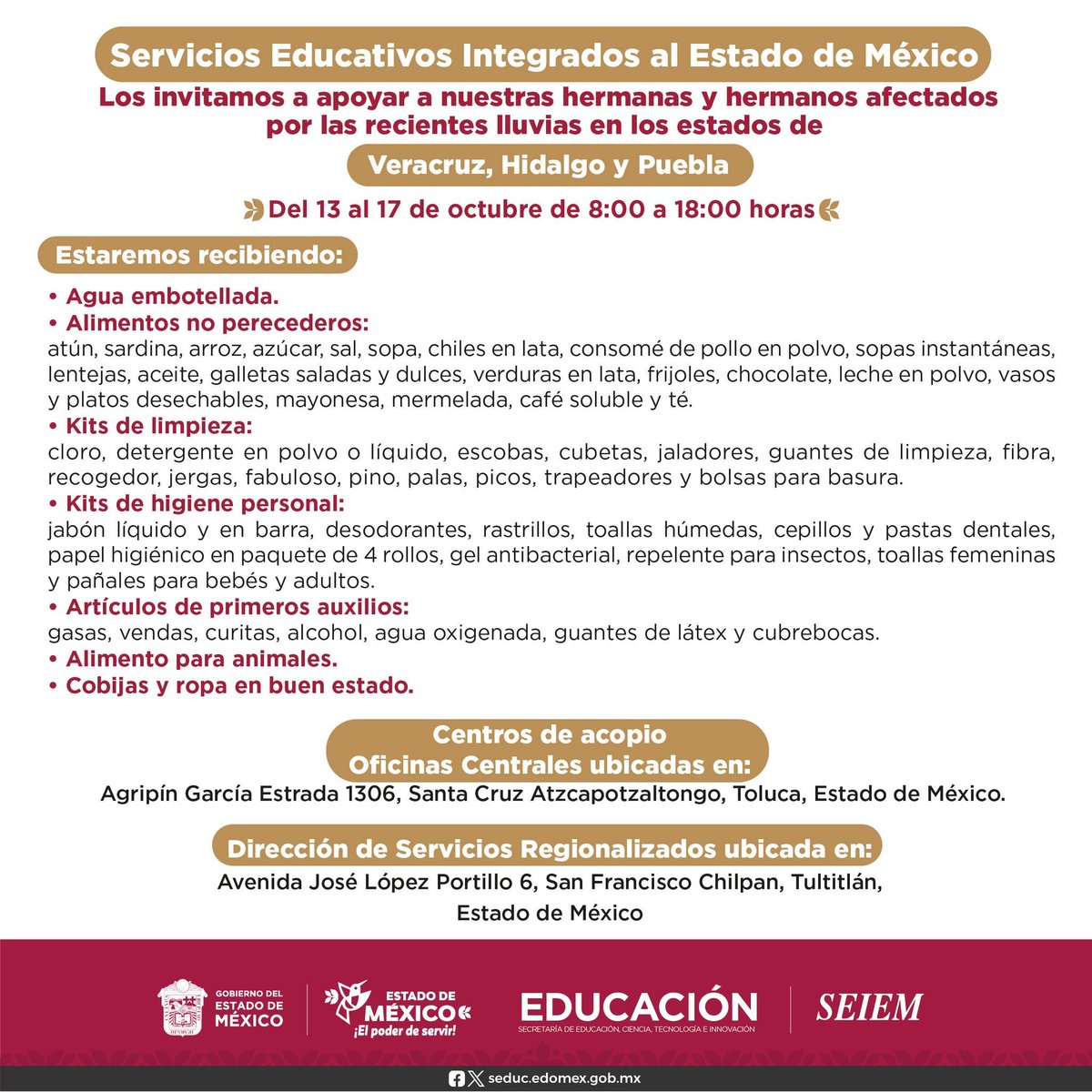 SEIEM_'s tweet image. Tu valiosa ayuda se está recibiendo a partir del 13 y hasta el 17 de octubre en los centros de acopio en un horario de 08:00 a 18:00 horas.
#SomosSEIEM
#ElPoderDeServir
#ElPoderDeLaEducación