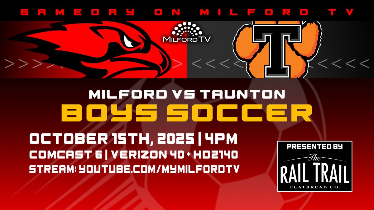 Fall sports coverage continues this afternoon with MHS Boys Soccer vs Taunton at 4pm!

Comcast 6
Verizon 40 + HD2140
Stream: youtube.com/mymilfordtv

Presented by <a href="/RailTrailFBCo/">The Rail Trail Flatbread Company</a>