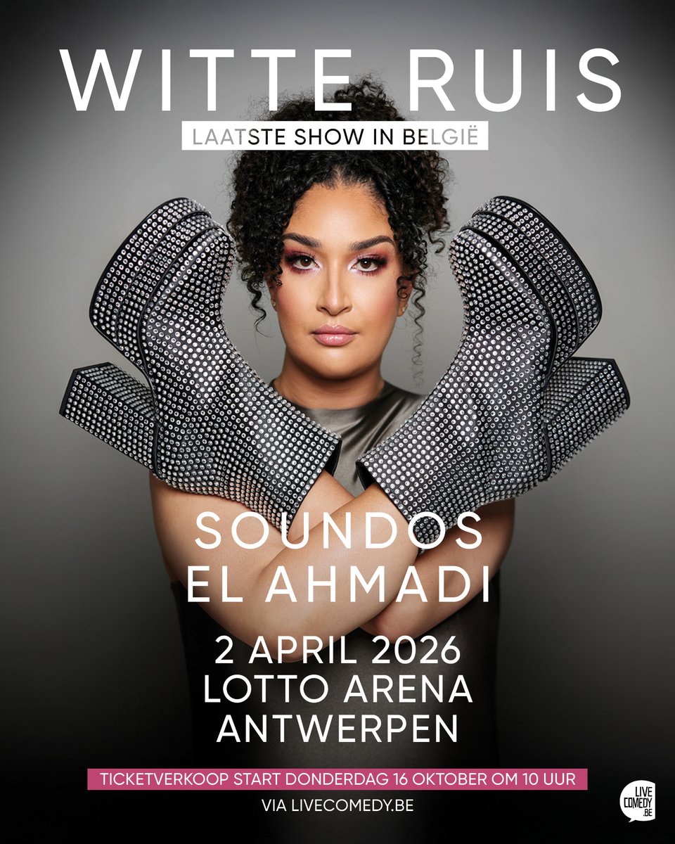 LiveComedybe's tweet image. Groot nieuws! Soundos komt naar de Lotto Arena in Antwerpen voor haar grootste show ooit in België! Op 2 april 2026 speelt Soundos haar bekroonde voorstelling Witte Ruis nog één keer in België , Tickets zijn beschikbaar vanaf 16 oktober 2025 om 10u via LiveComedy.be/soundos