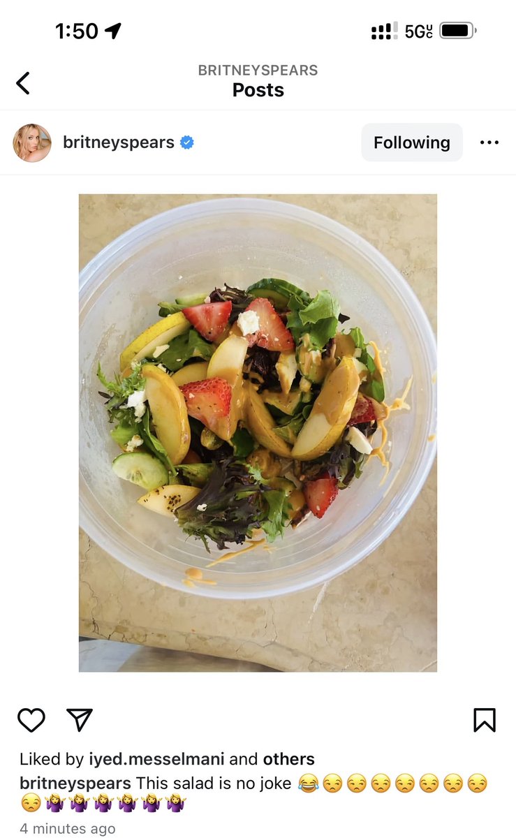 K Fed: I caught Britney making out with a woman 21 years ago!!!! She's out of control! Conservatorship! Knives!

Britney: Damn that's crazy look at my salad y'all