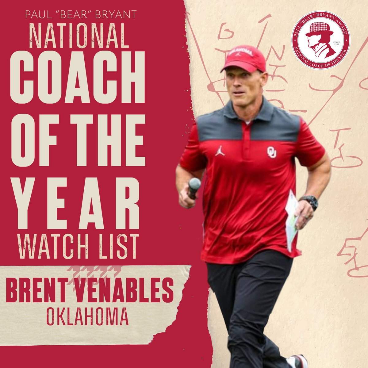 Congratulations to <a href="/OU_Football/">Oklahoma Football</a> Head Coach Brent Venables named to the 2025 Paul “Bear” Bryant Coach of the Year Watch List today by the American Heart Association. Find the full list at spr.ly/6016A0M2Y.