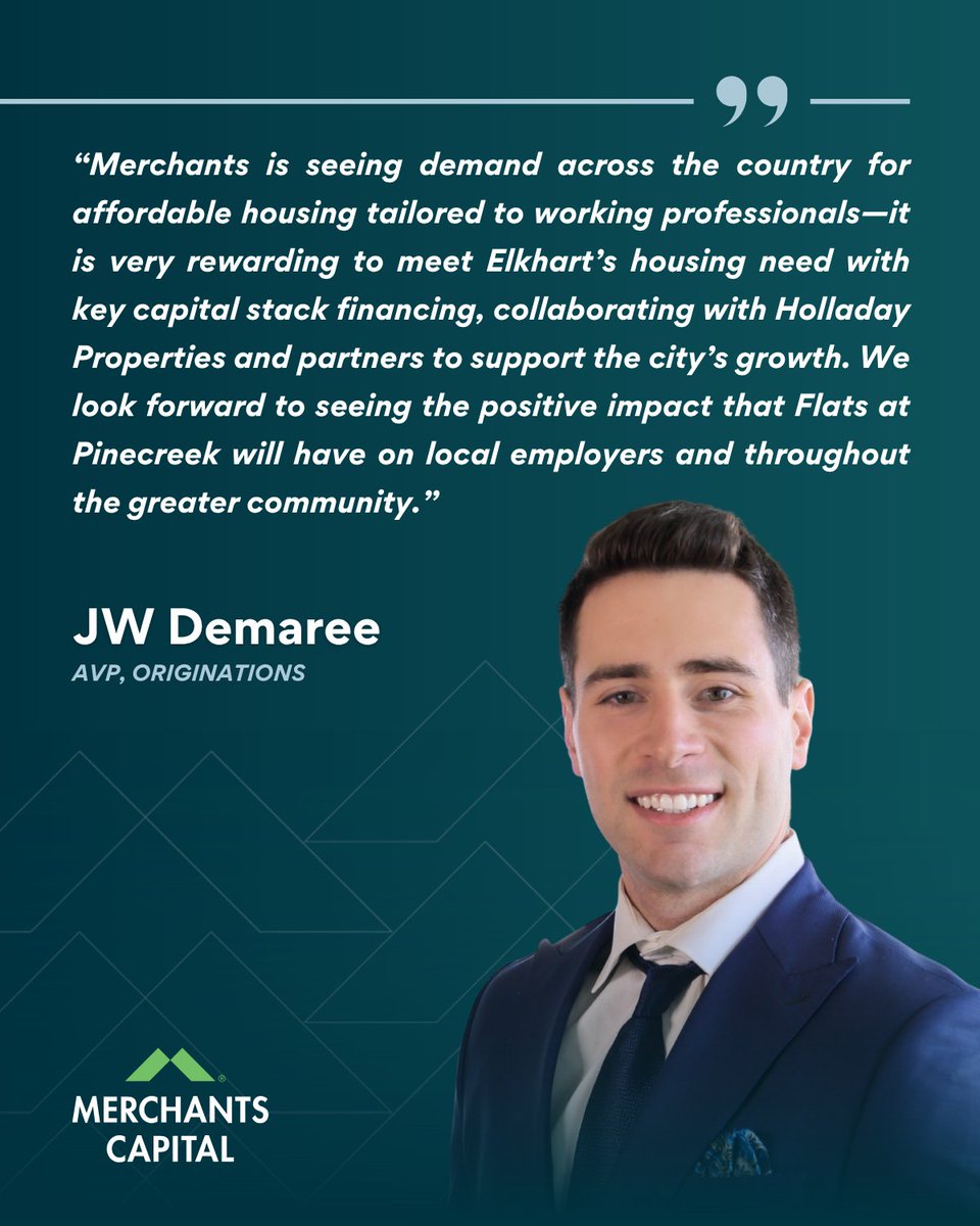 AVP, Originations JW Demaree shares his perspective on Merchants Capital's recent financing for the Flats at Pinecreek—a new affordable workforce housing community being developed in Elkhart, IN by Holladay Properties.​

Full press release here: bit.ly/42Drt0H
