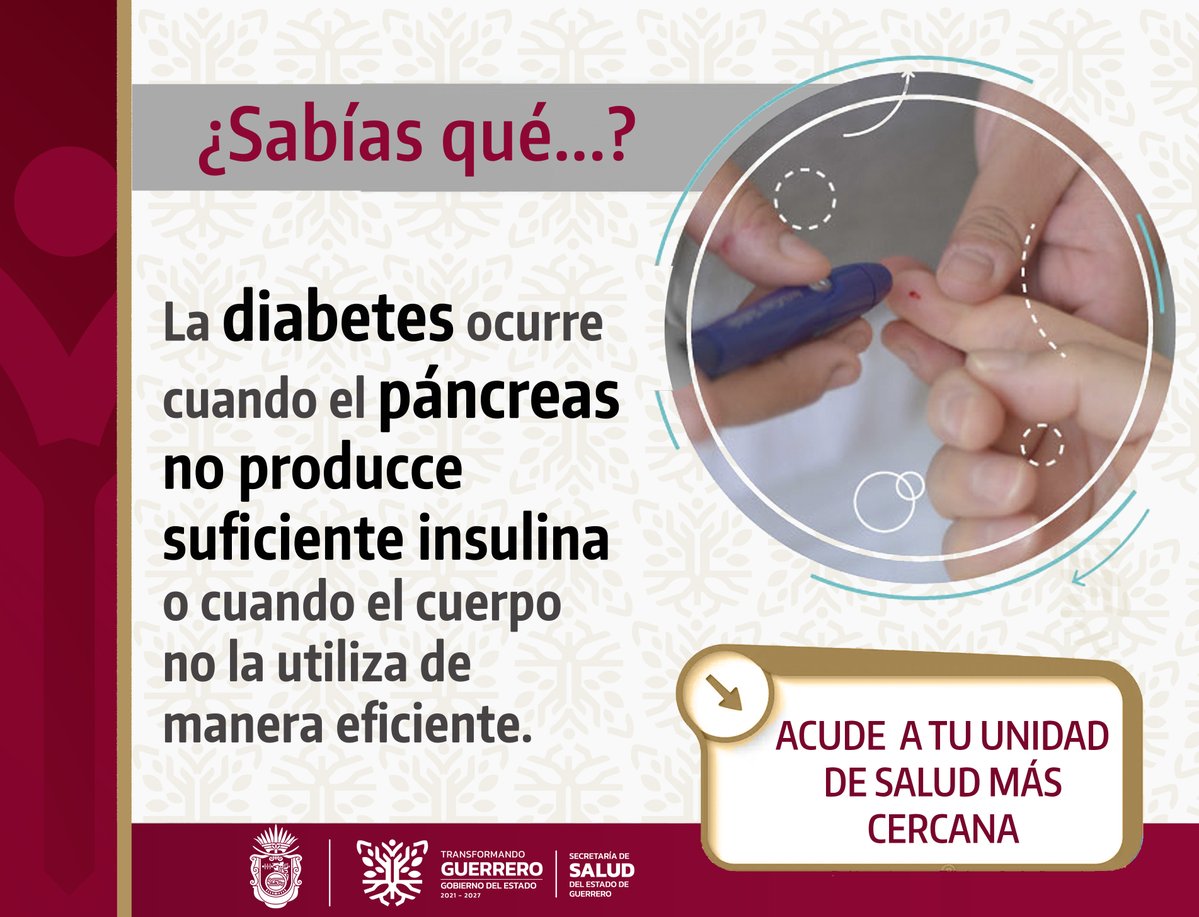La diabetes es una enfermedad metabólica crónica caracterizada por niveles elevados de glucosa en sangre, que con el tiempo conduce a daños graves en el corazón, vasos sanguíneos, ojos, riñones y nervios.

Acude a tu Unidad Médica a realizarte chequeos periódicos.👍