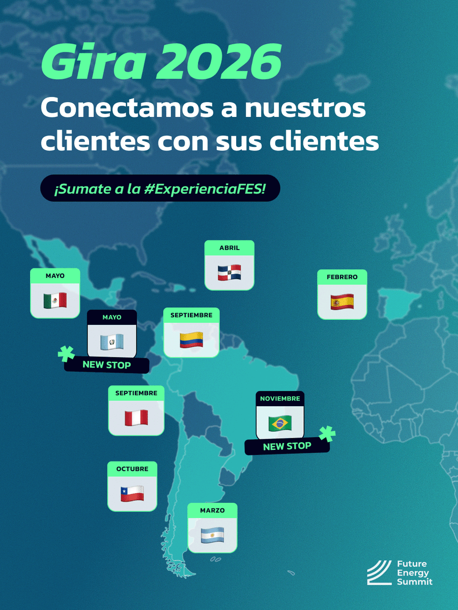 ⚡ Renovables y Almacenamiento: los motores del cambio energético global vuelven a encontrarse en la #GiraFES2026.

🌎 En expansión constante: 🚨 Brasil y Guatemala se suman a la gira 2026.

🔗 Sé parte del espacio donde se deciden las próximas oportunidades energéticas.