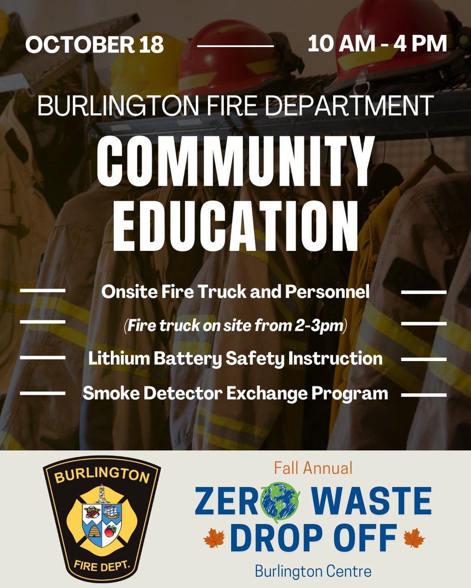 🚒 The Burlington Fire Department (<a href="/BurlingtonFire/">Burlington Fire Dept</a>) is joining our Zero Waste Drop-Off!

📍 Burlington Centre
🗓️ Sat, October 18
⏰ 10 AM – 4 PM (2pm-3pm For on-site Fire Truck)

More info here: ow.ly/1vC250XaM3J

#BurlOn #BurlingtonOntario