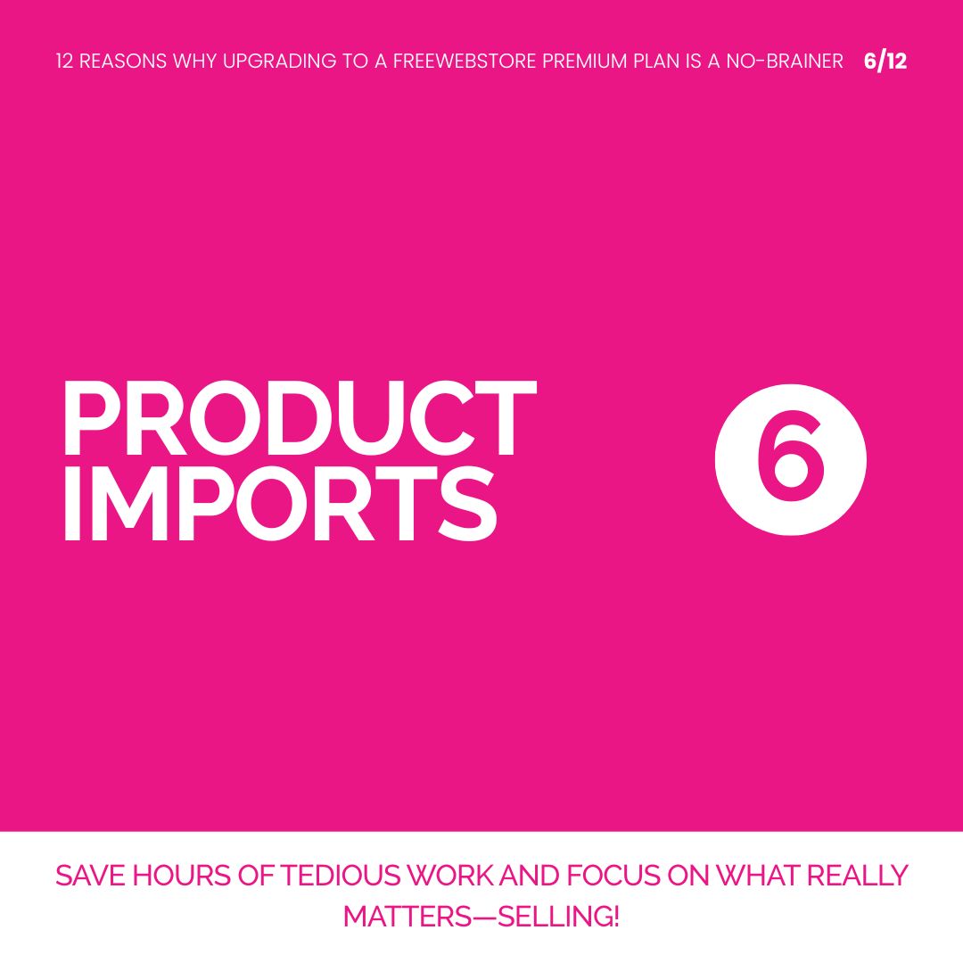 6. Product Imports

Got a lot of products? No problem. With product imports, you can quickly upload your inventory in bulk. Save hours of tedious work and focus on what really matters—selling!

blog.freewebstore.com/2025/07/31/12-…

#12ReasonsToUpgrade