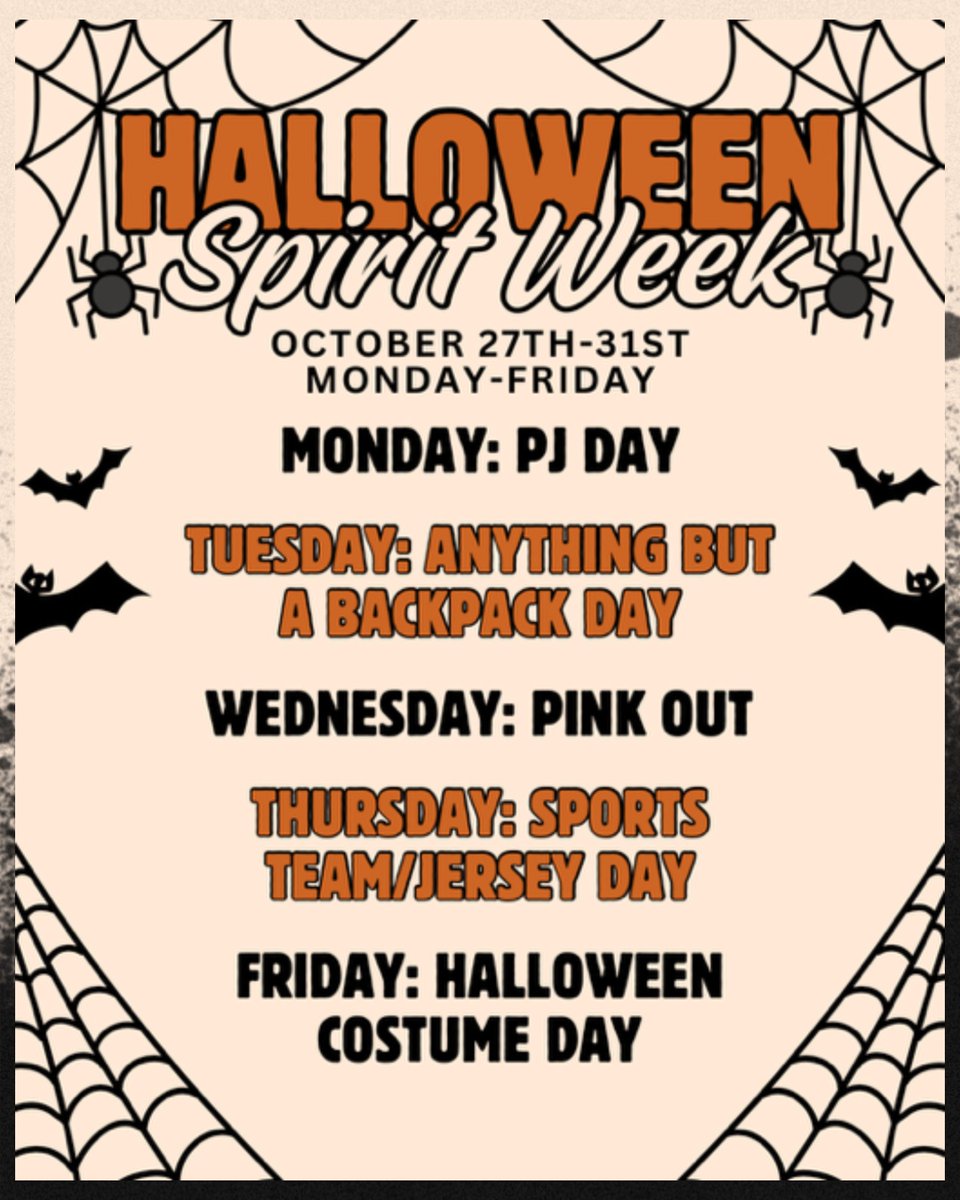 Get ready! Halloween Spirit Week is coming up soon. We'll be dressing up each day the week of October 27-31. Here are the daily themes!