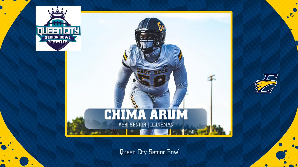 Shoutout to Chima Arum, our #58 Senior D-Lineman, leading us in the Queen City Senior Bowl! 🌟 #EastMeckPride