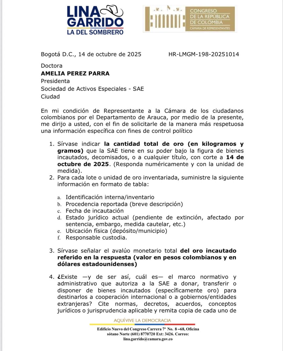 linamariagarri1's tweet image. Me tocó enviarle un Derecho de Petición a la @activosSAE para ver cuánto #Oro es el que @petrogustavo le quiere quitar a las regiones colombianas, que tanta inversión necesitan, dizque para “donar” en la reconstrucción de #Gaza. Les contaré la respuesta. Petro manda 🥚!!
