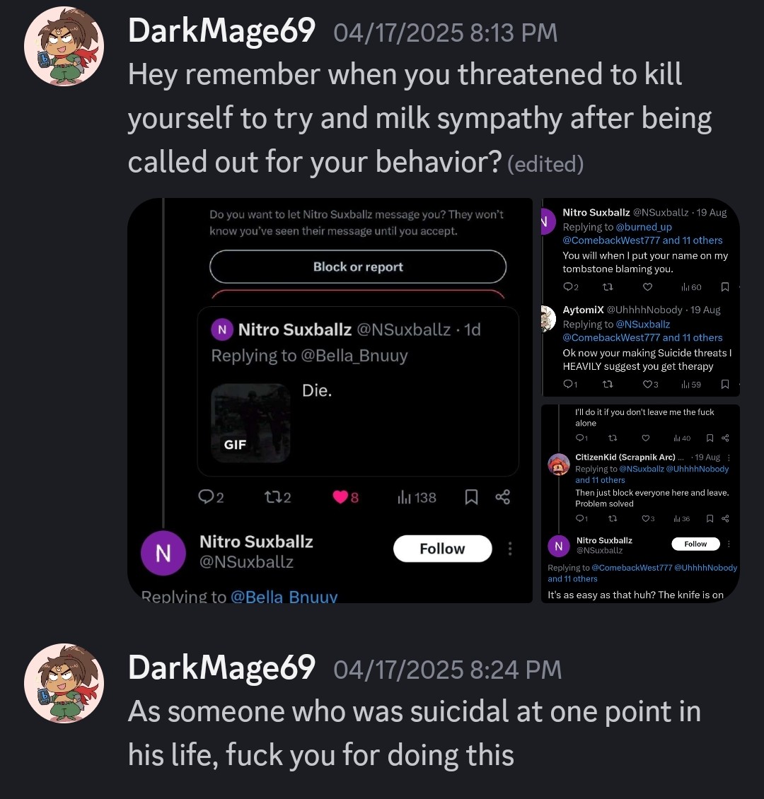 Dragoon2727's tweet photo. @Hhhh0737879511 I told you to fuck off for threatening to kill yourself to gain sympathy as someone who has had suicidal thoughts, so how about you stop projecting https://t.co/pPSYD4WDMq