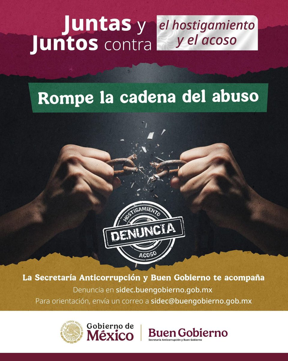 ISSSTE_mx's tweet image. Una buena cadena de mando respeta y cuida a su equipo. 

Denuncia en el #SIDEC el hostigamiento y acoso cometido por personas servidoras públicas en instituciones del Sector Salud federal.
📲💻 sidec.buengobierno.gob.mx 

#ContraHostigamientoyAcoso #NoEsNormal