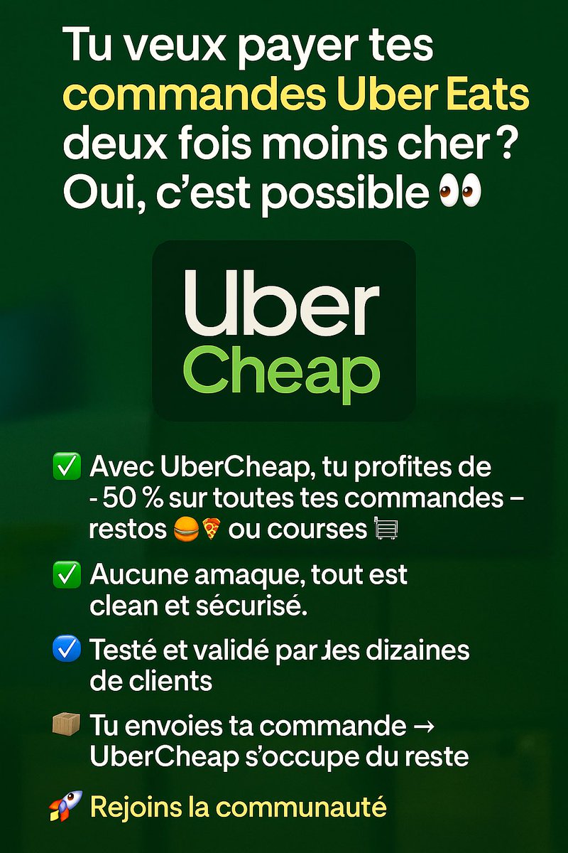 vivixxy3's tweet image. Pour les reufs en hess c’est 100% fiable j’ai moi même commandé j’ai eu aucun soucis ‼️
Profitez de -50% sur tout Uber Eats🔥
Que ce soit pour vos courses ou vos restos, l’offre s’applique partout!
Discord : discord.gg/Pjf7jFNg