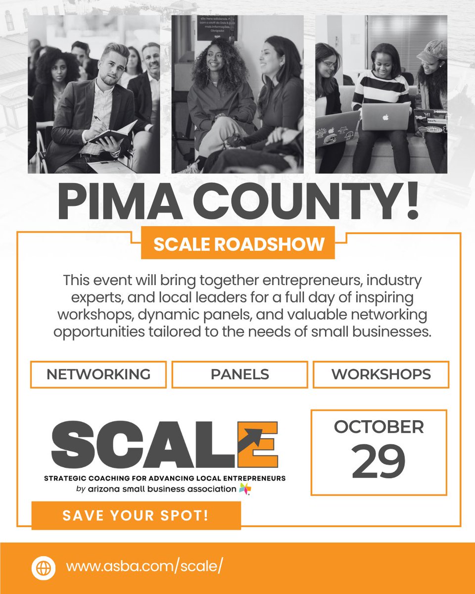 Join us at the SCALE Roadshow – Pima County Stop in Tucson, AZ, where we bring action-packed workshops, one-on-one coaching, and connection to resources that help small businesses flourish. 💼✨

Don’t miss this opportunity to push your business forward in 2025 and beyond.