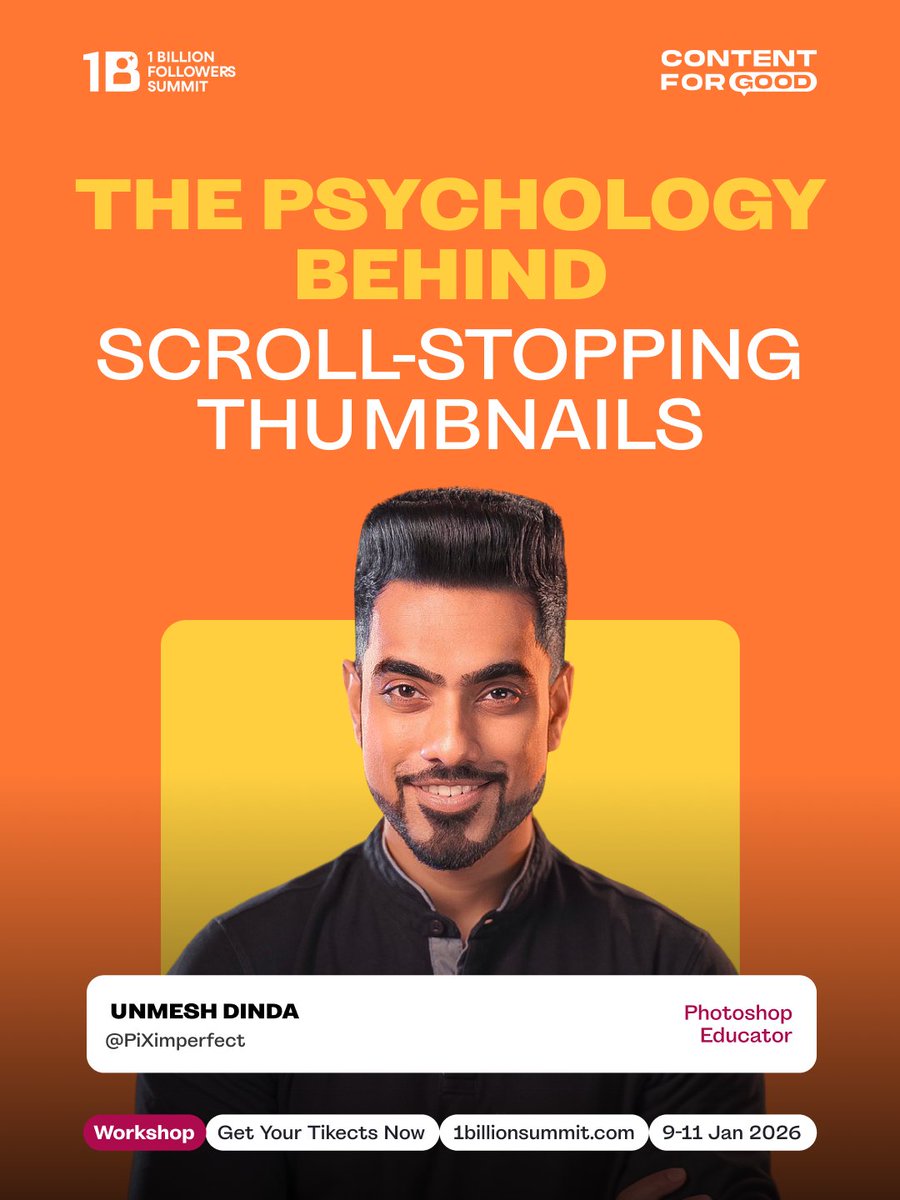 Discover the hidden psychology, design, and strategy behind scroll-stopping thumbnails with Unmesh Dinda @PIXImperfect in this exclusive 2-hour workshop at the #1billionsummit.
Learn how to make viewers stop scrolling and click your videos using proven techniques in color,